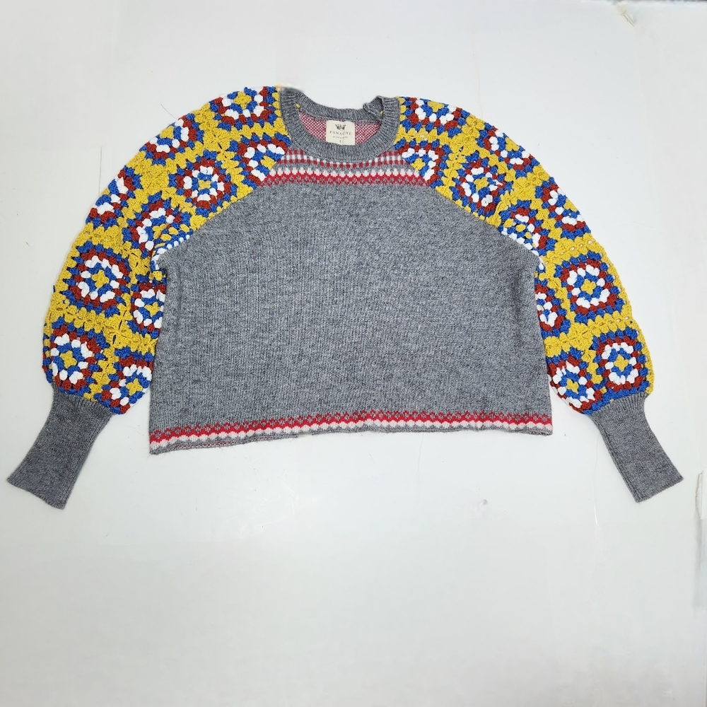 Panache Oversized Cropped Crochet Sleeve Sweater Size Small Granny Square Boho